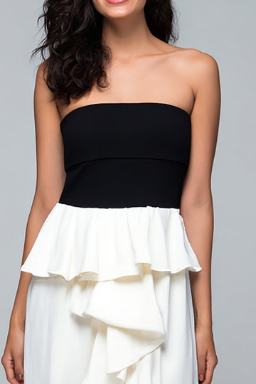 Strapless Sheath Ruffle Asymmetrical Black and White Formal Dress